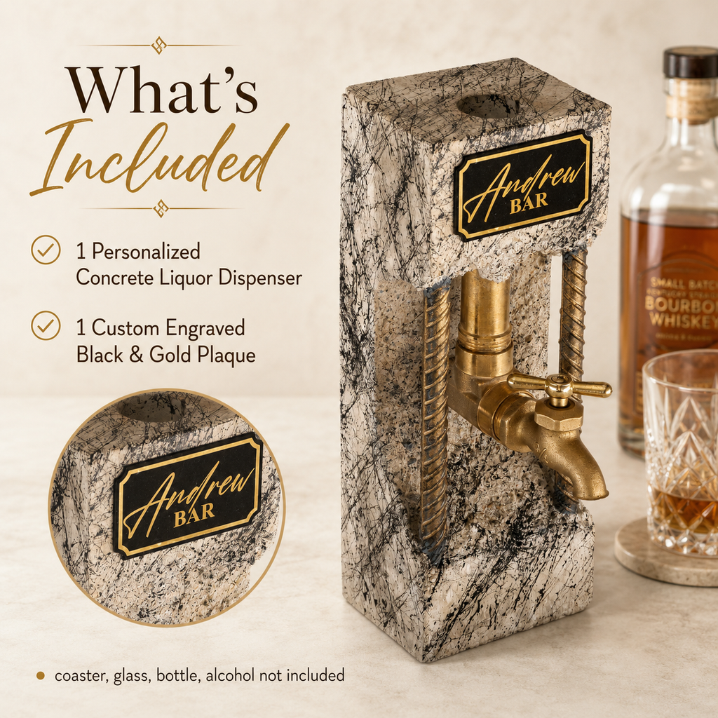 What’s included with personalized concrete liquor dispenser and custom engraved black and gold plaque
