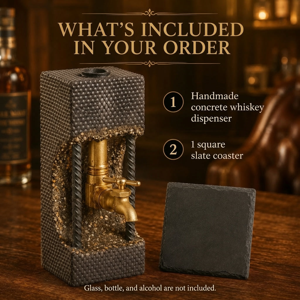 What’s included in the order: handmade concrete whiskey dispenser and one square slate coaster