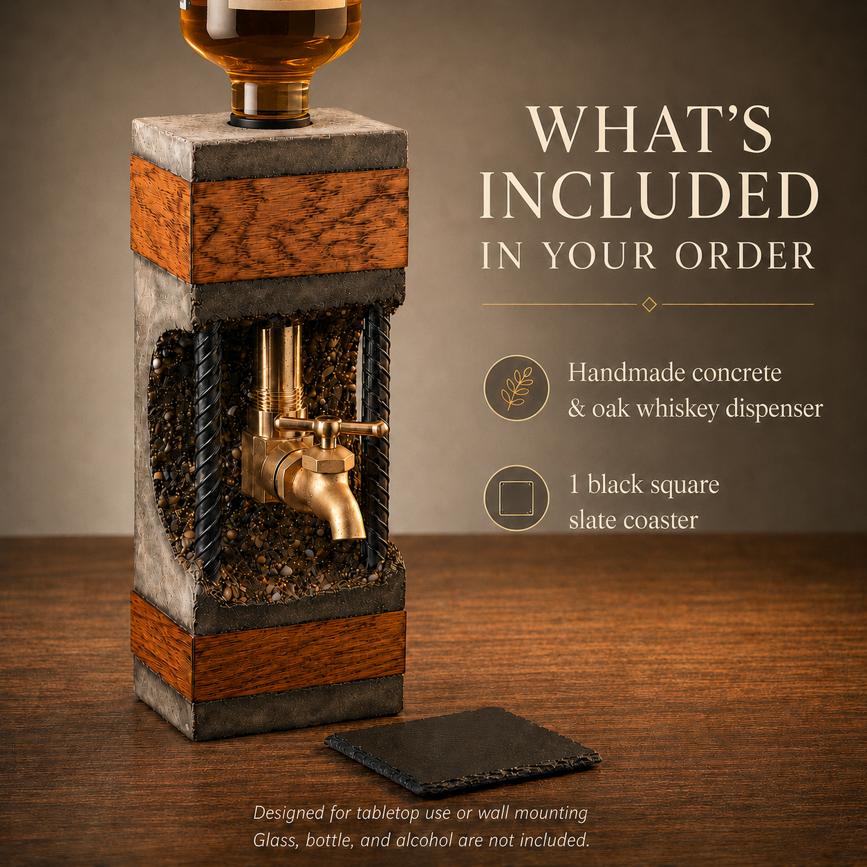 What’s included: handmade concrete and oak whiskey dispenser and one black square slate coaster