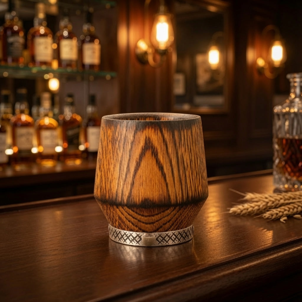Charred oak whiskey glass displayed on a bar counter with warm whiskey lounge lighting.