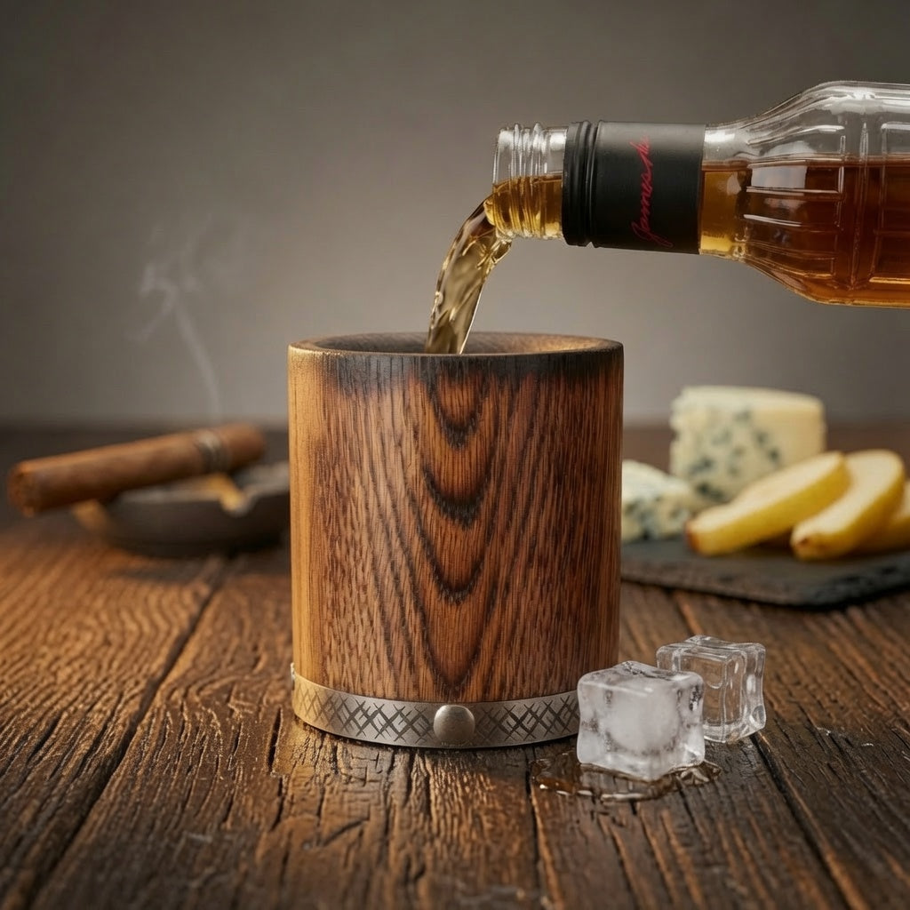 Charred oak bourbon tumbler with whiskey pour, ice, and warm bar-style lighting.