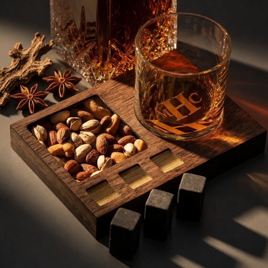 Illuminated wooden whiskey glass base with built-in snack tray, nuts, and whiskey stones.