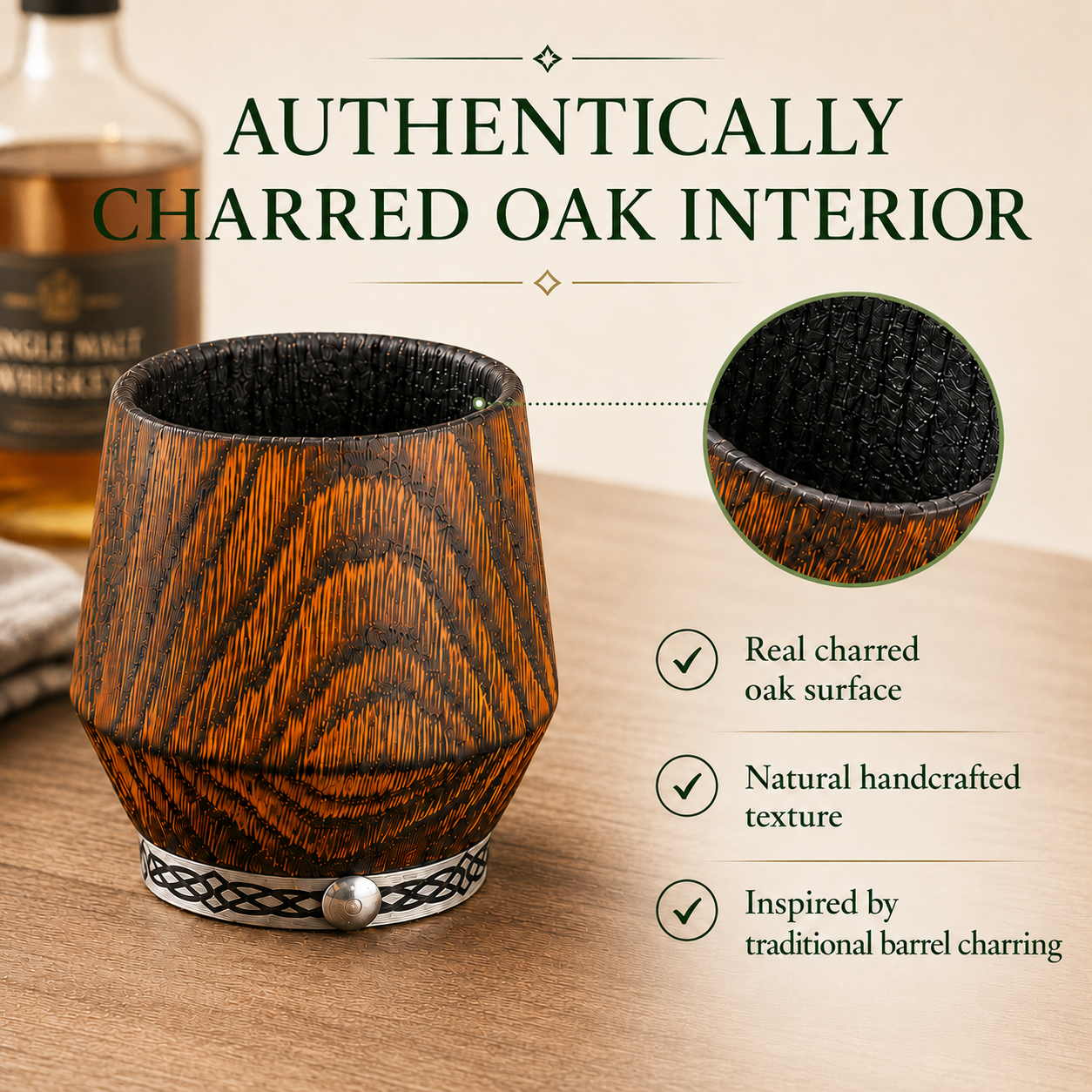 Authentic charred oak interior of a handcrafted wooden whiskey glass