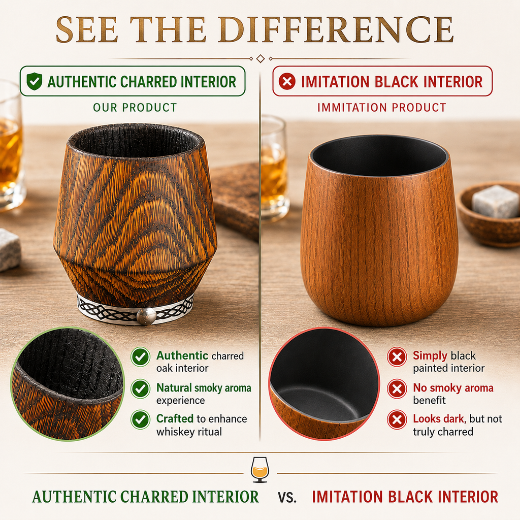 Comparison infographic of a handcrafted charred oak whiskey tumbler with a naturally charred interior versus an imitation tumbler with a black-painted interior