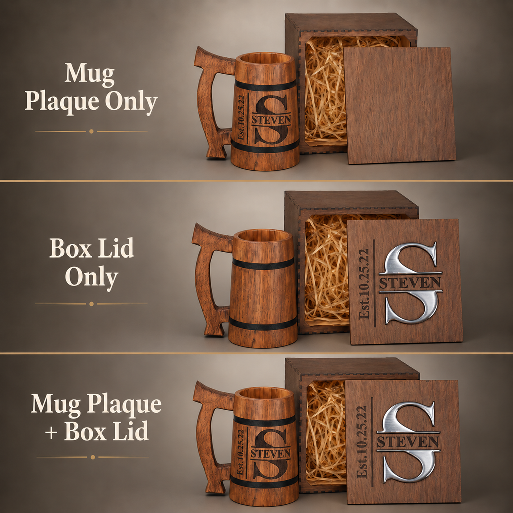 Personalization options showing engraving on the mug only, the wooden box lid only, or both the mug and box lid.