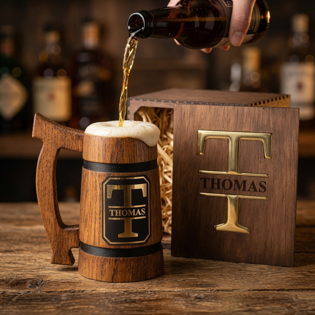 Beer being poured into a personalized oak beer mug beside a wooden gift box with an epoxy inlay lid.