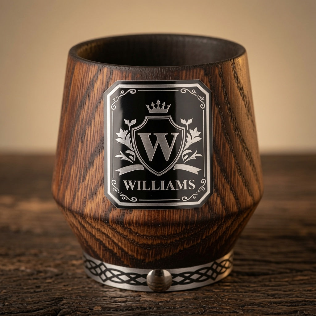Close-up of a black aluminum plaque with a silver Williams monogram on a handcrafted charred oak whiskey glass.