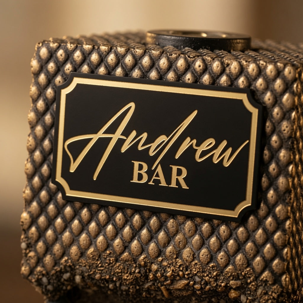 Close up of black and gold engraved bar plaque on personalized concrete whiskey dispenser