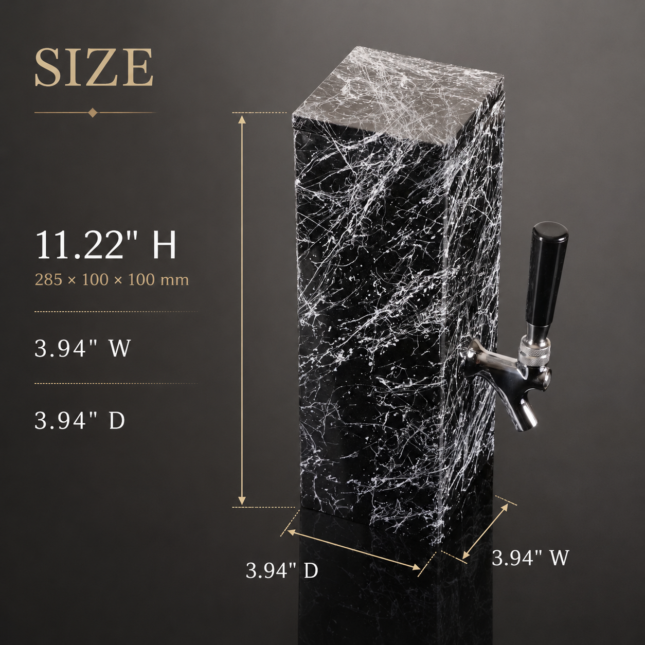 Black granite beverage dispenser dimensions 11.22 inches high by 3.94 inches wide and deep