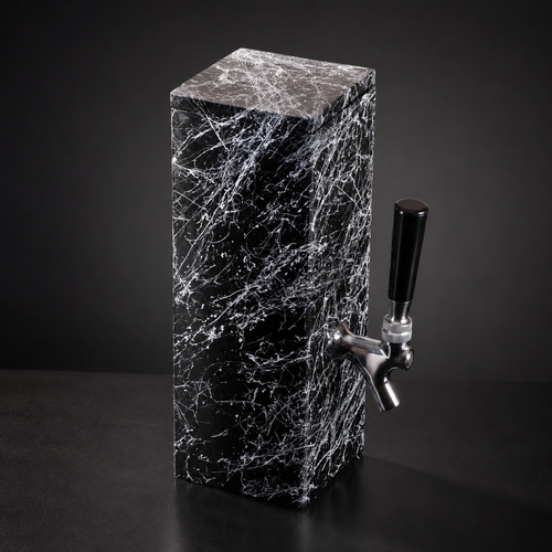 Black granite beverage dispenser with white splatter finish and polished metal tap