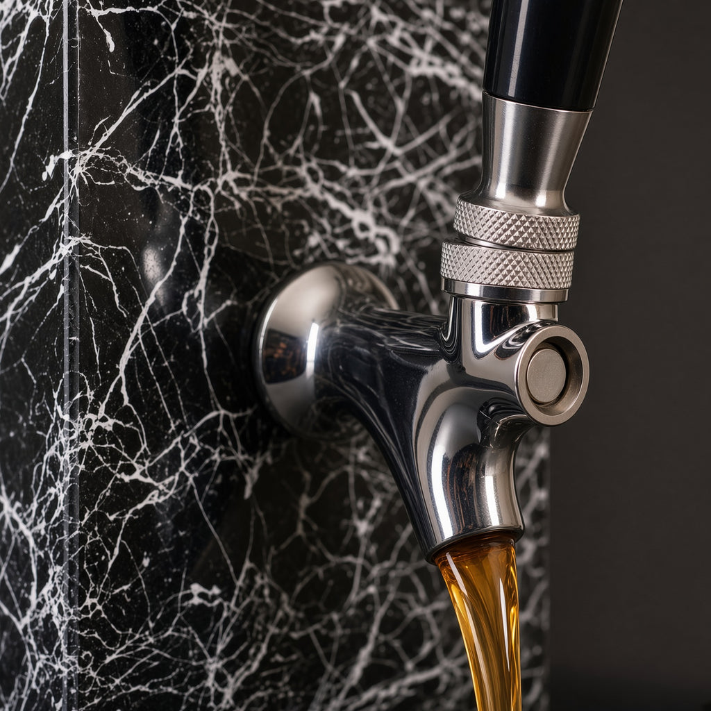 Polished metal tap on black granite beverage dispenser pouring an amber drink