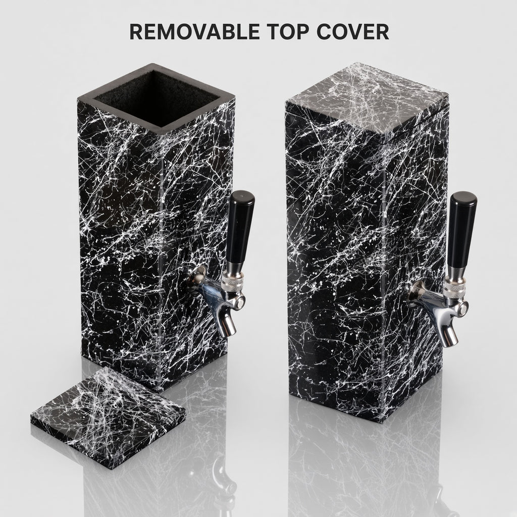 Black granite beverage dispenser shown with removable top cover open and closed
