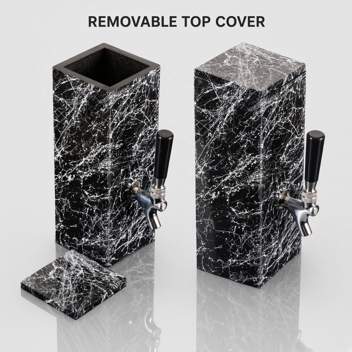 Black granite beverage dispenser shown with removable top cover open and closed