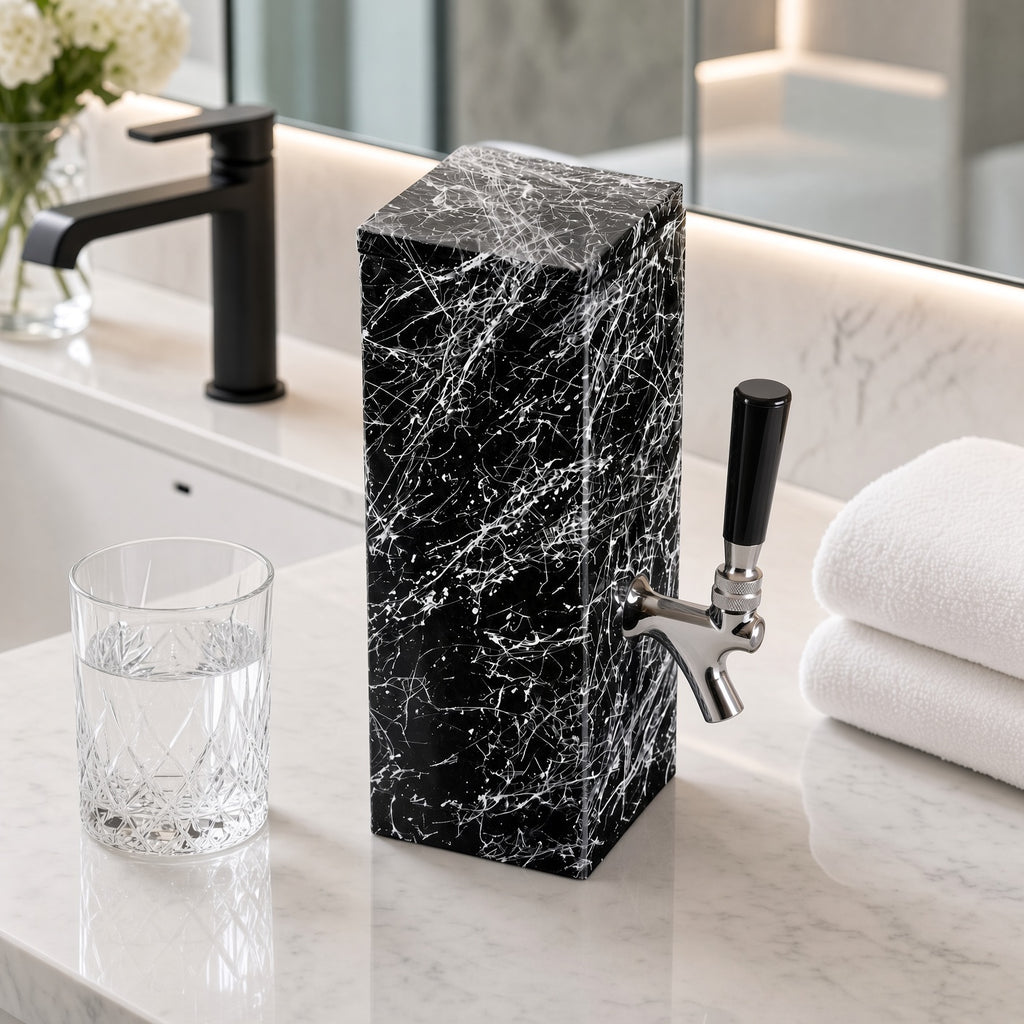 Black granite water dispenser with white splatter finish on a modern bathroom counter