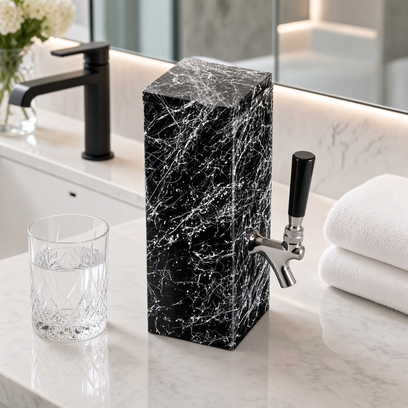Black granite water dispenser with white splatter finish on a modern bathroom counter