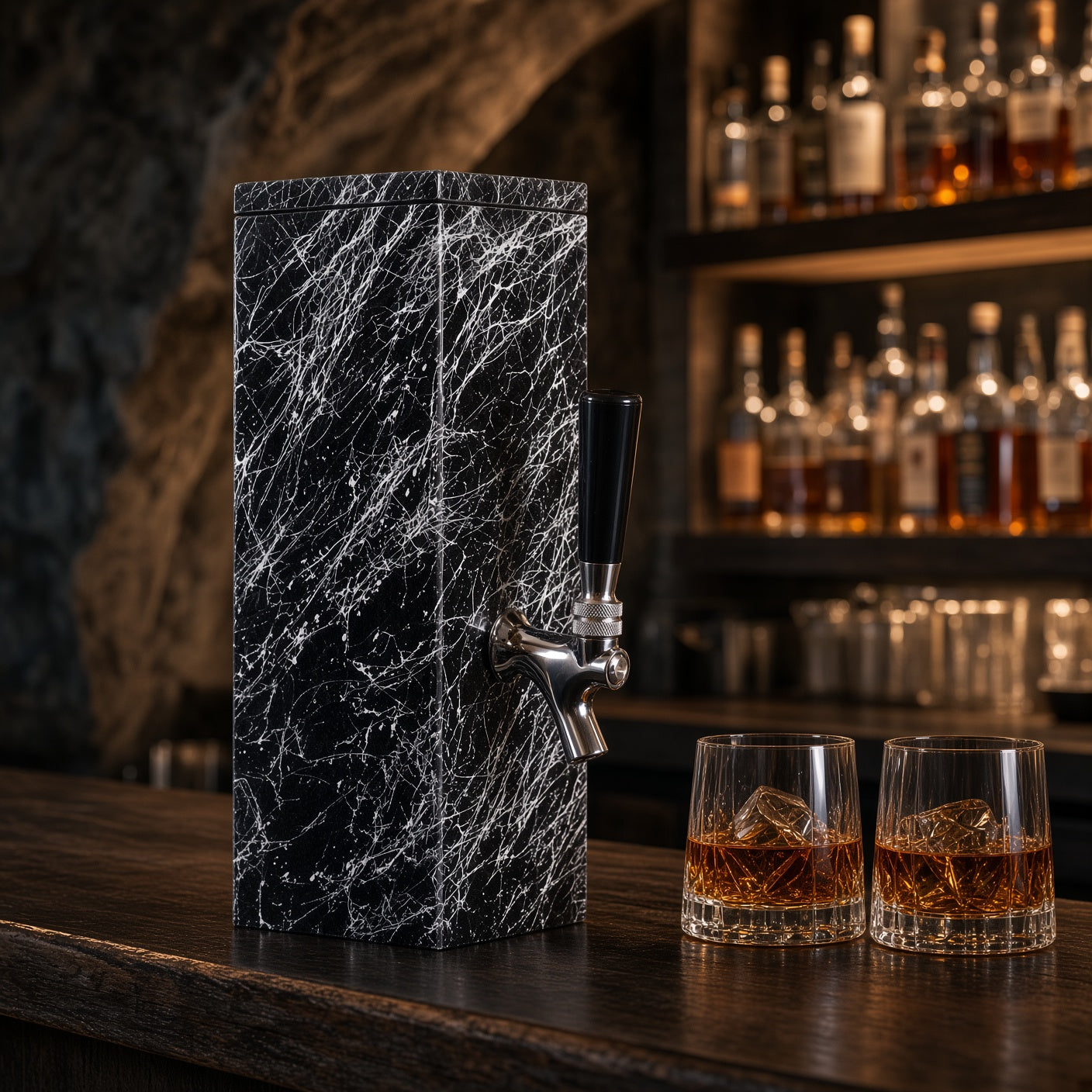 Black granite whiskey dispenser displayed in a modern home bar with whiskey glasses