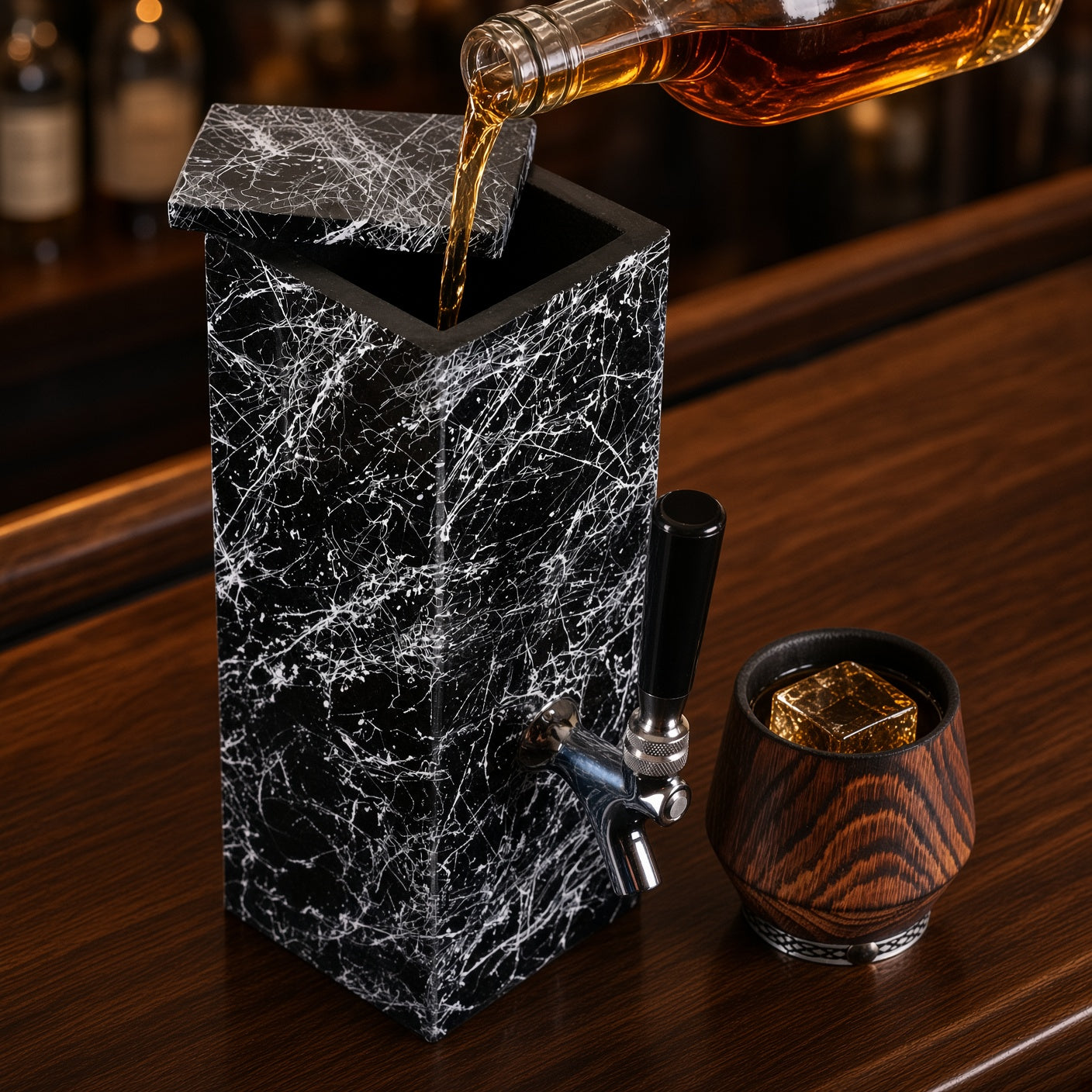 Black granite whiskey dispenser pouring bourbon into a glass on a home bar