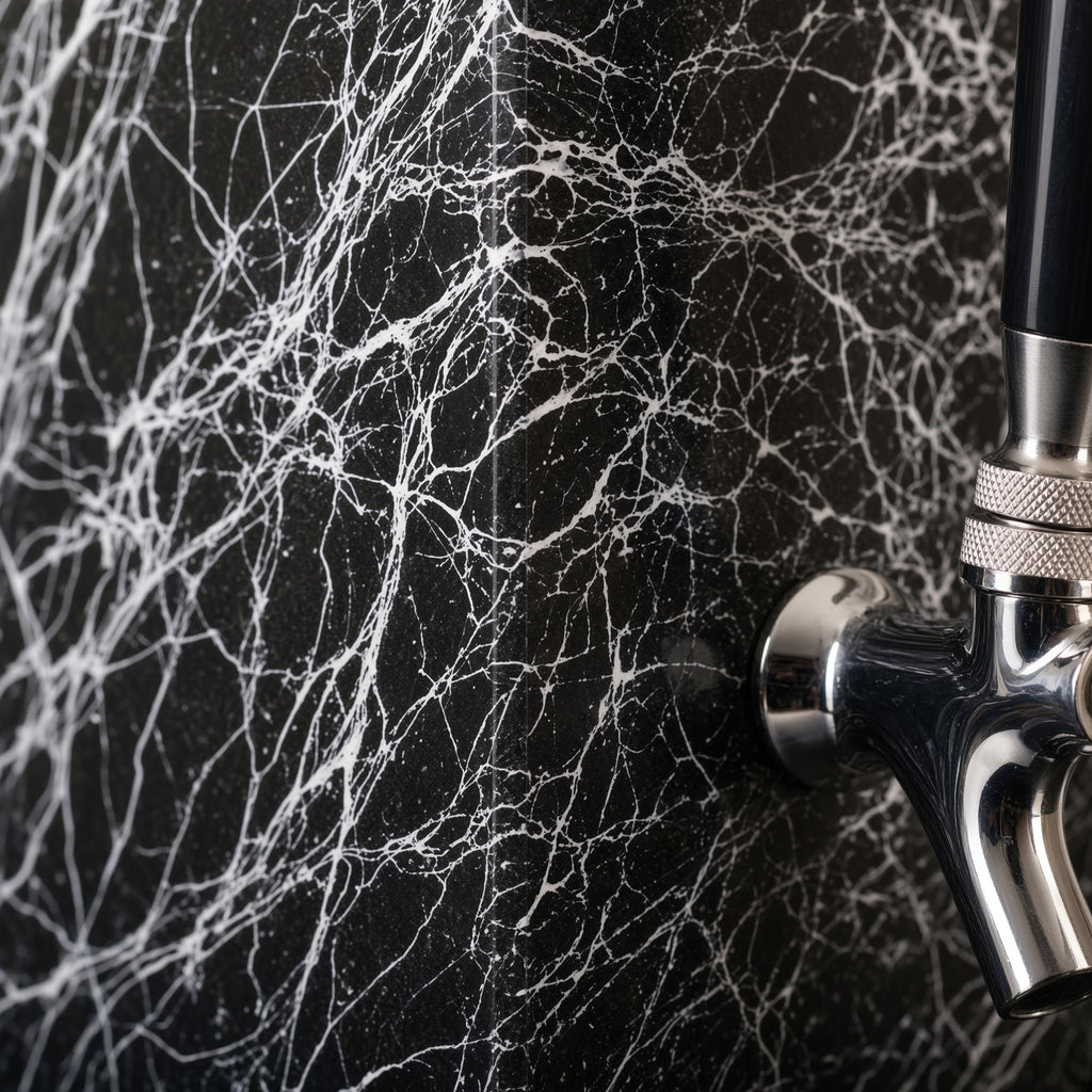 Close-up of black granite dispenser with signature white splatter decorative finish