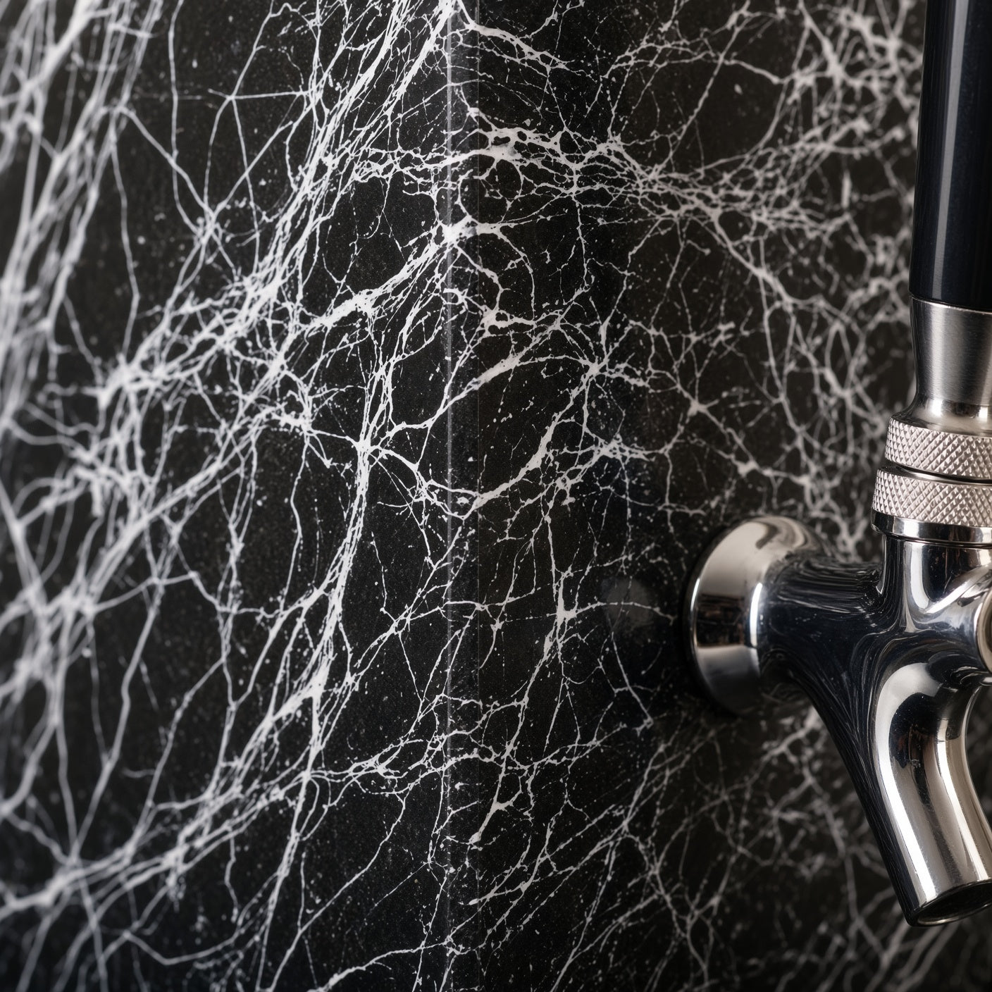 Close-up of black granite dispenser with signature white splatter decorative finish