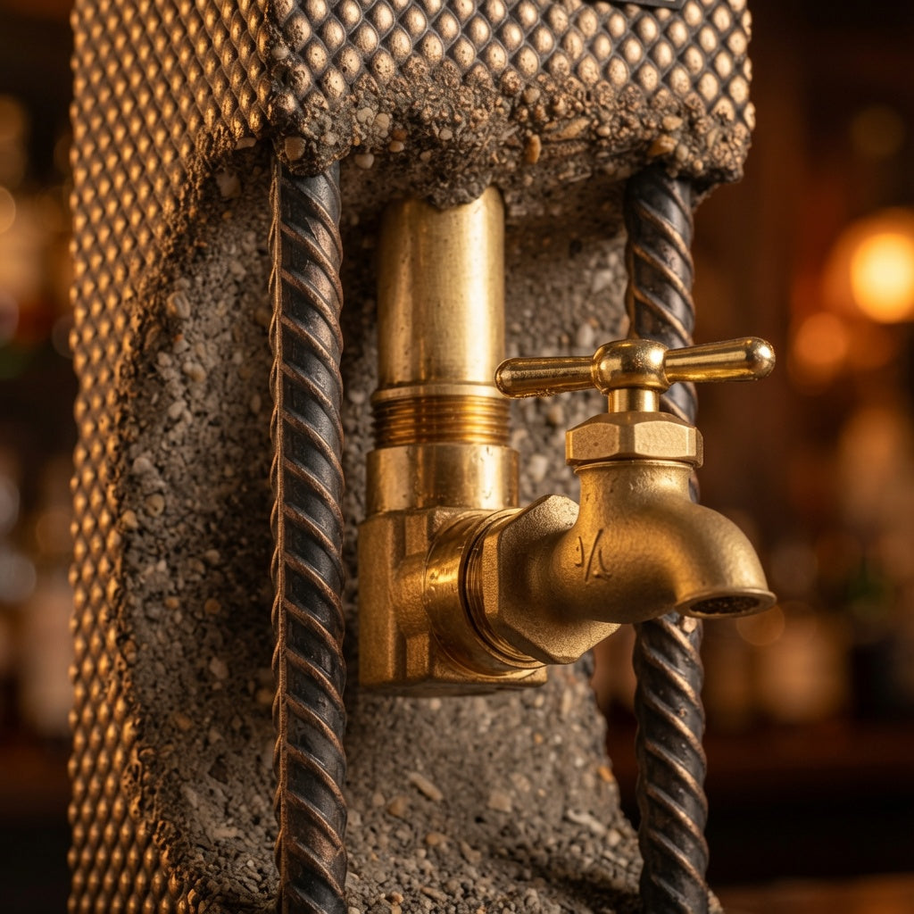 Close up of brass faucet on handmade concrete whiskey dispenser with industrial metal accents