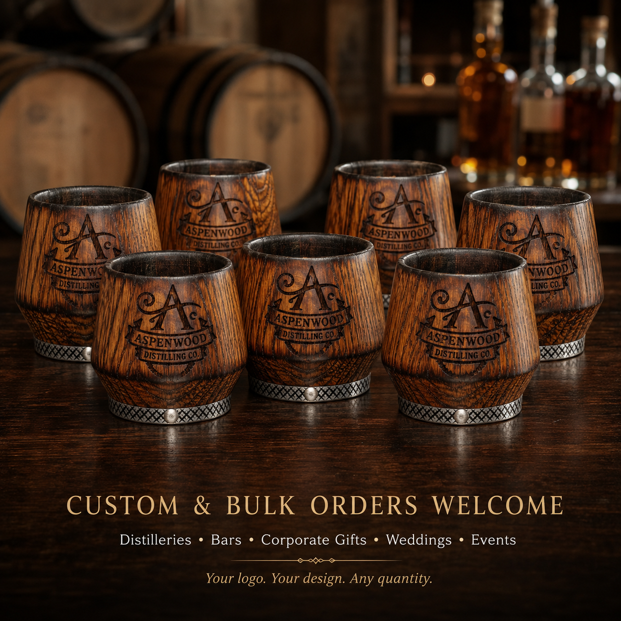 Bulk custom engraved oak whiskey glasses for distilleries, corporate gifts, weddings and events
