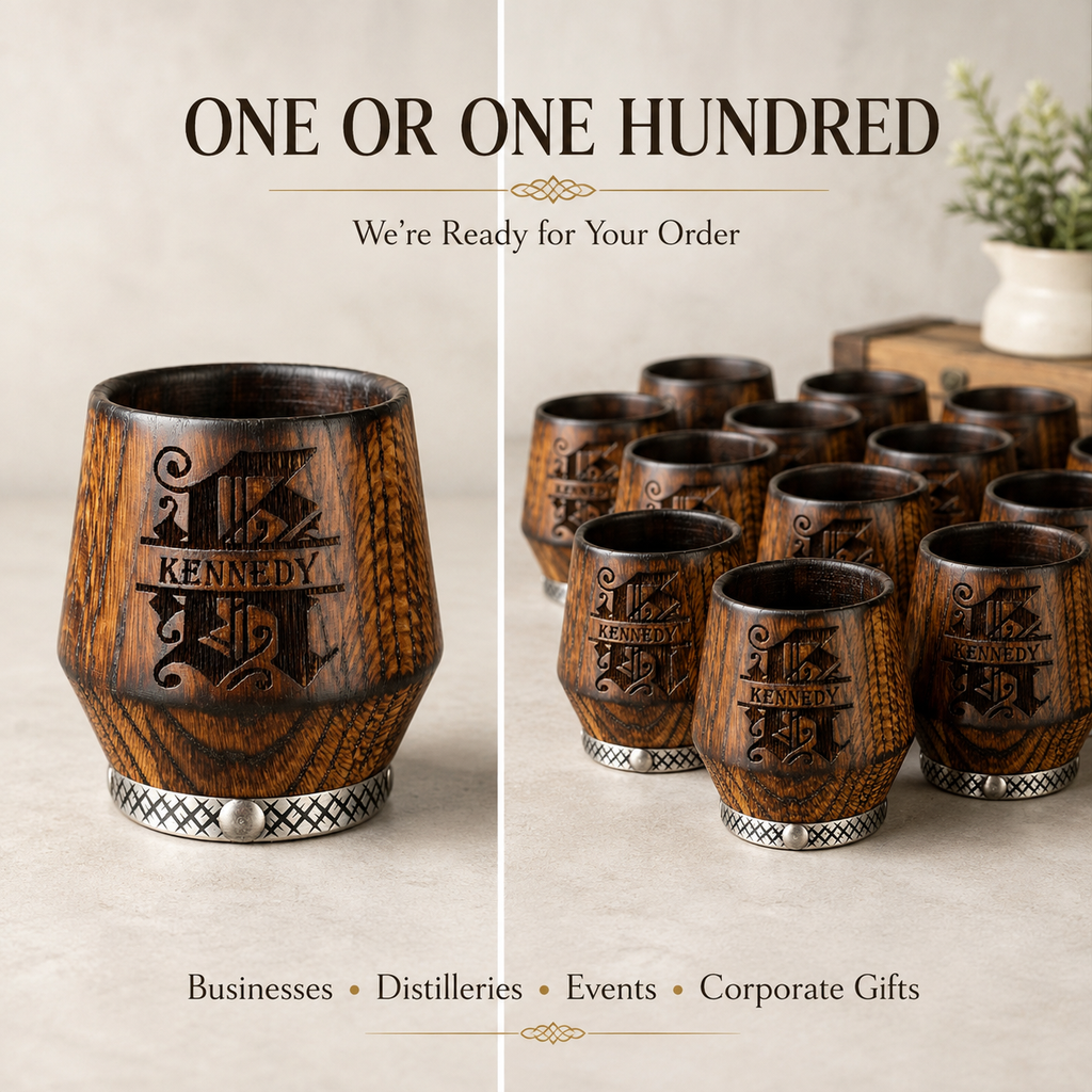 Bulk custom engraved oak whiskey tumblers for businesses, corporate events and distilleries