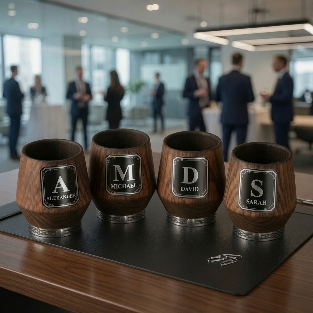 Four personalized charred oak whiskey glasses with individual initials displayed for corporate, employee, or group gifting.