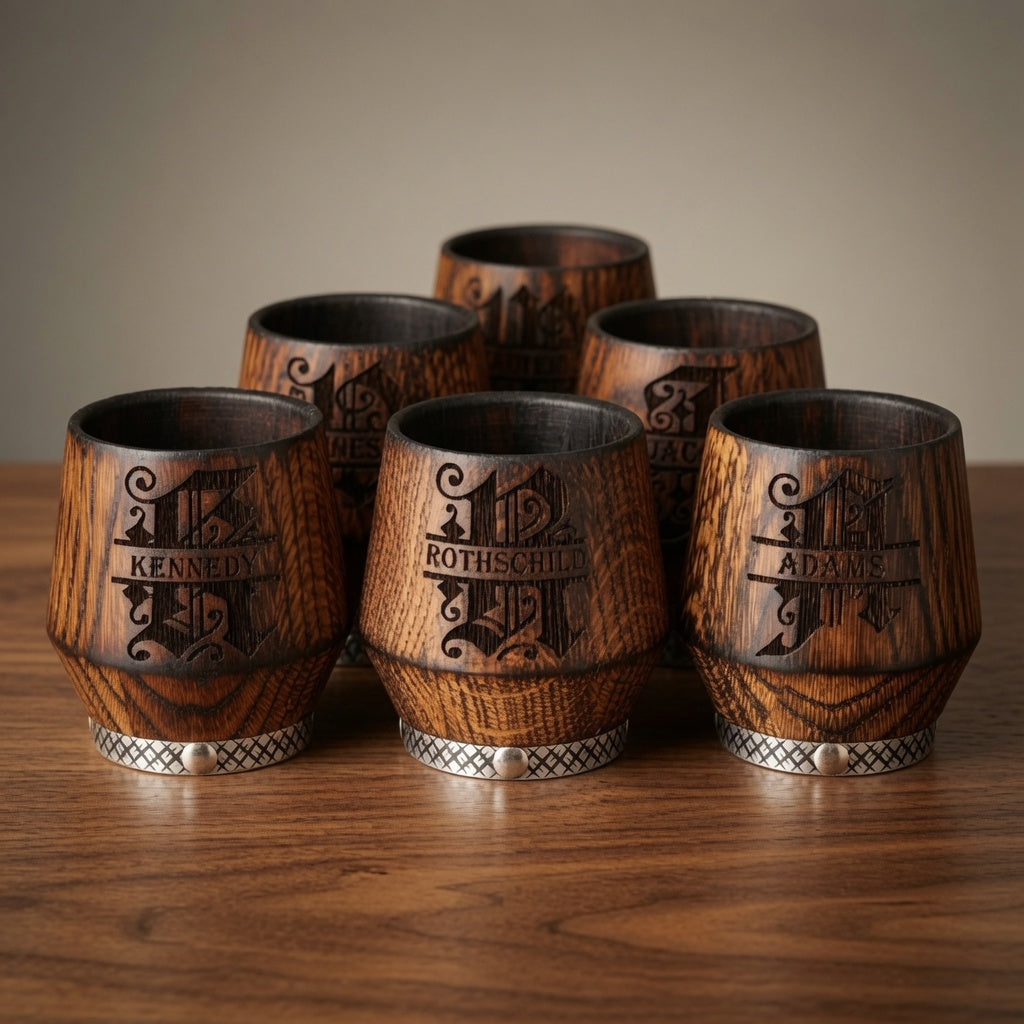 Group of personalized oak whiskey tumblers with individual deep wood engraving
