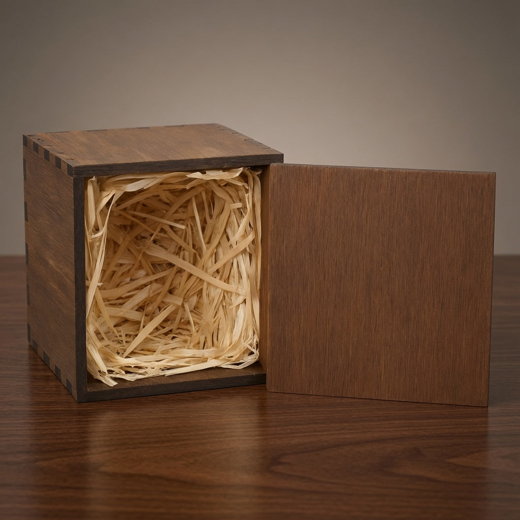 Burned wooden gift box with natural straw filler for an oak whiskey glass