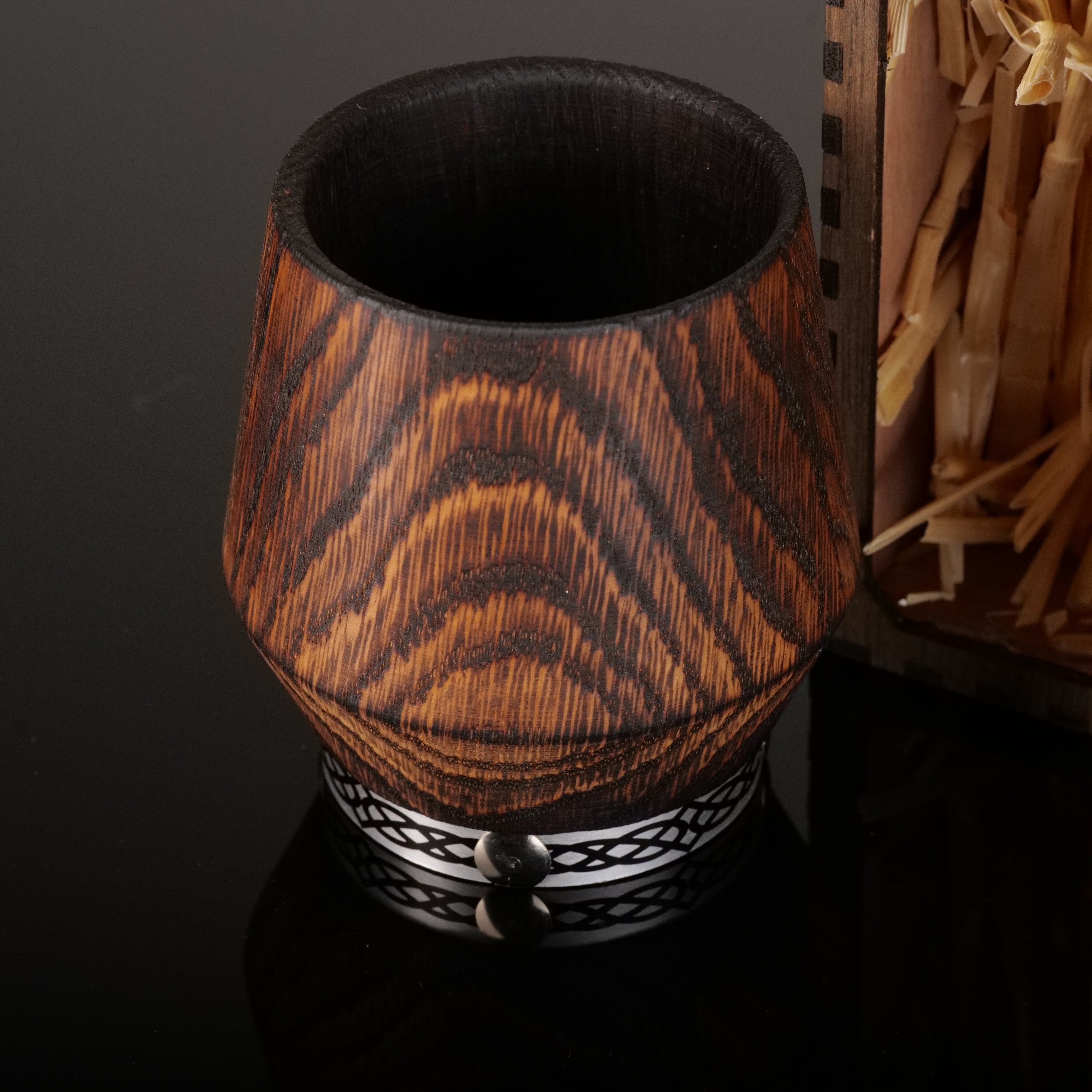 Handcrafted 5 oz charred oak whiskey glass with decorative aluminum base