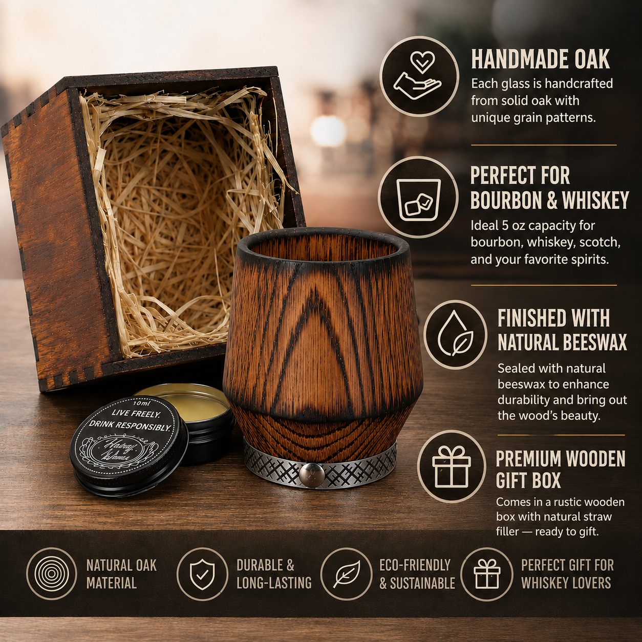Features of a handcrafted charred oak whiskey glass gift set