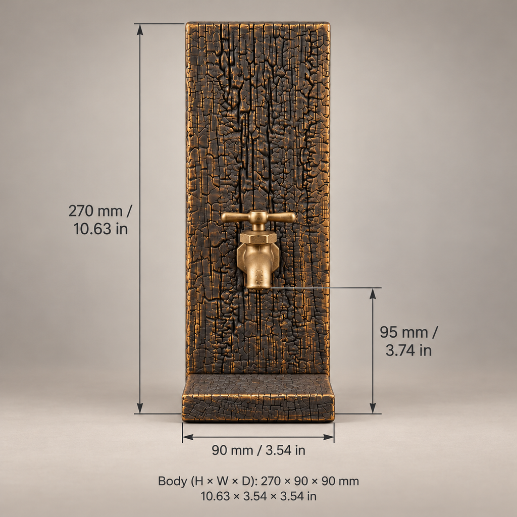 Dimensions of the charred oak whiskey dispenser, with measurement arrows showing the body height, width and tap height.