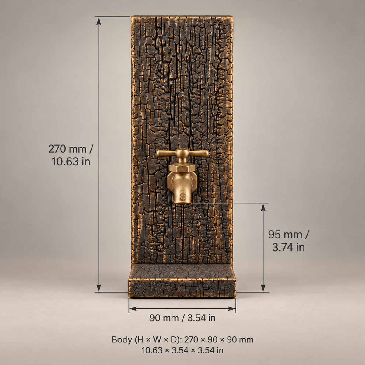 Dimensions of the charred oak whiskey dispenser, with measurement arrows showing the body height, width and tap height.
