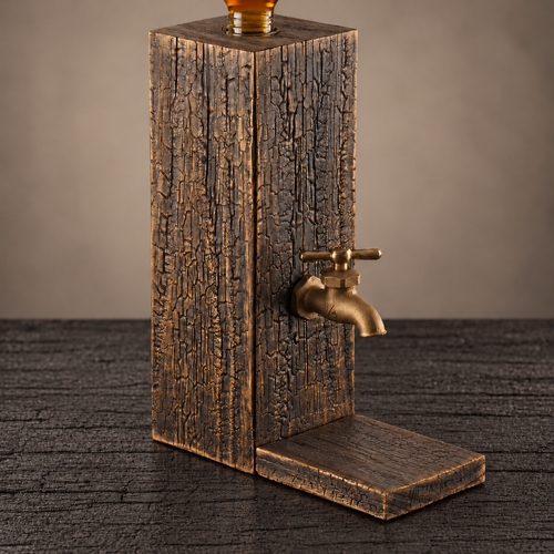 Charred oak whiskey dispenser with gold patina, a brass tap and a wooden platform on a black wood surface.