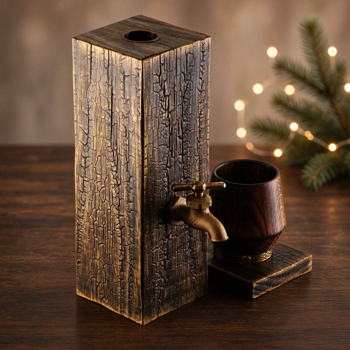 Charred oak whiskey dispenser with gold patina beside a dark tumbler, with an evergreen branch and warm holiday lights.