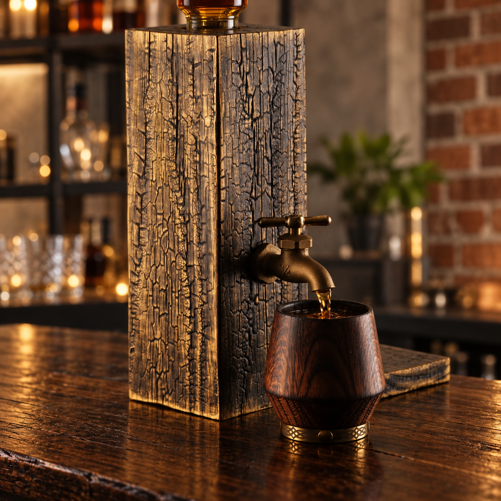 Gold-patinated charred oak whiskey dispenser beside a dark tumbler on a wooden counter in a loft-style home bar