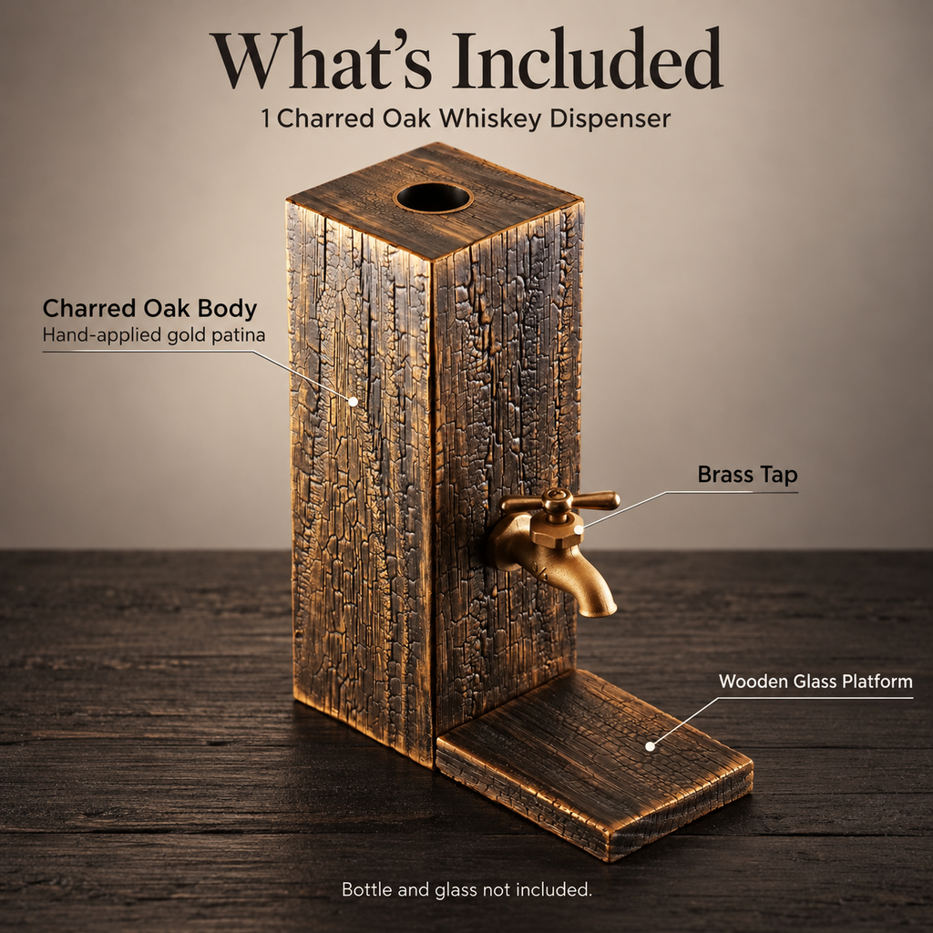 What’s included with the charred oak whiskey dispenser, showing the gold-patinated wooden body, brass tap and wooden platform.