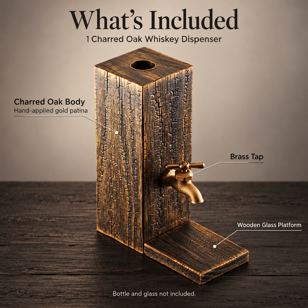 What’s included with the charred oak whiskey dispenser, showing the gold-patinated wooden body, brass tap and wooden platform.