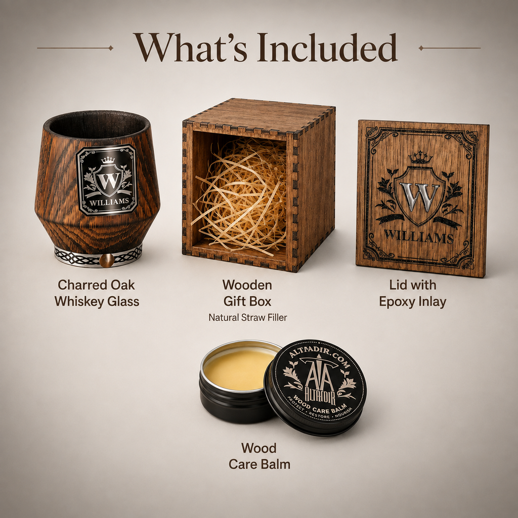 Gift set contents including a charred oak whiskey glass, wooden box, silver epoxy inlay lid, straw filler, and wood care balm.