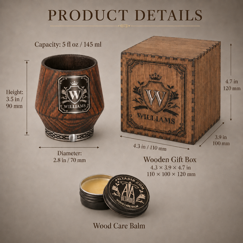Product details and dimensions for the 5 oz charred oak whiskey glass, wooden gift box, epoxy inlay lid, and care balm.