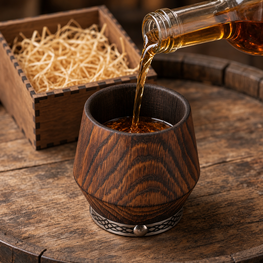 Amber whiskey being poured into a charred oak tumbler on a rustic wooden surface, with an open gift box behind it.