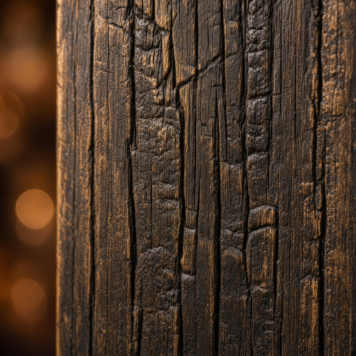 Close-up of deeply textured charred oak with gold patina highlighting the raised wood grain.