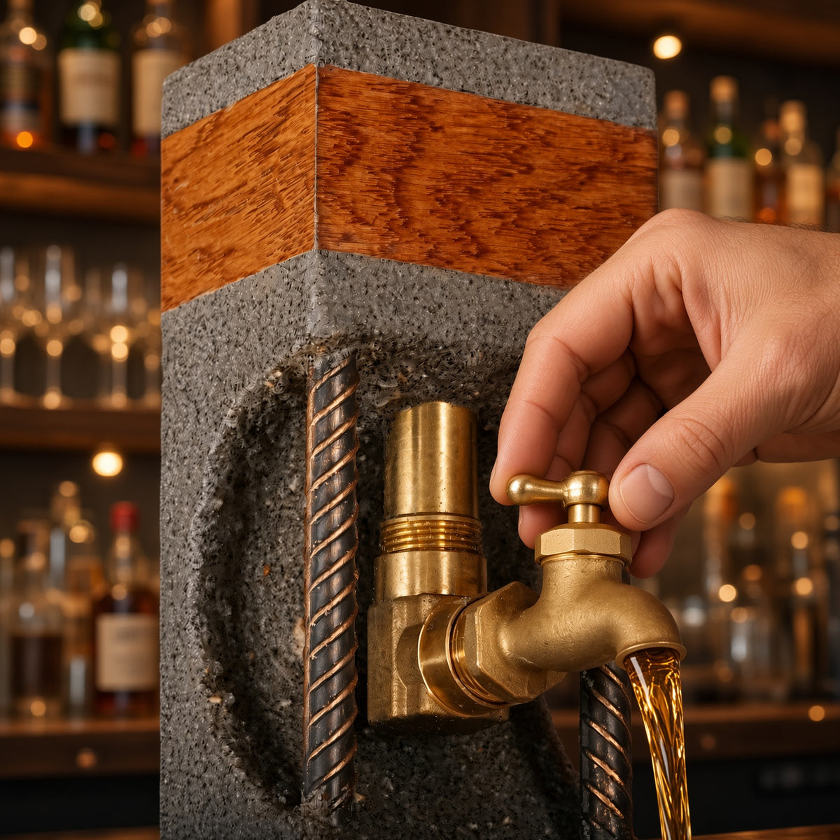 Hand operating brass tap on concrete and oak whiskey dispenser