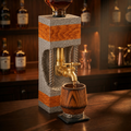 Concrete and oak liquor dispenser with brass tap displayed in a warm whiskey bar