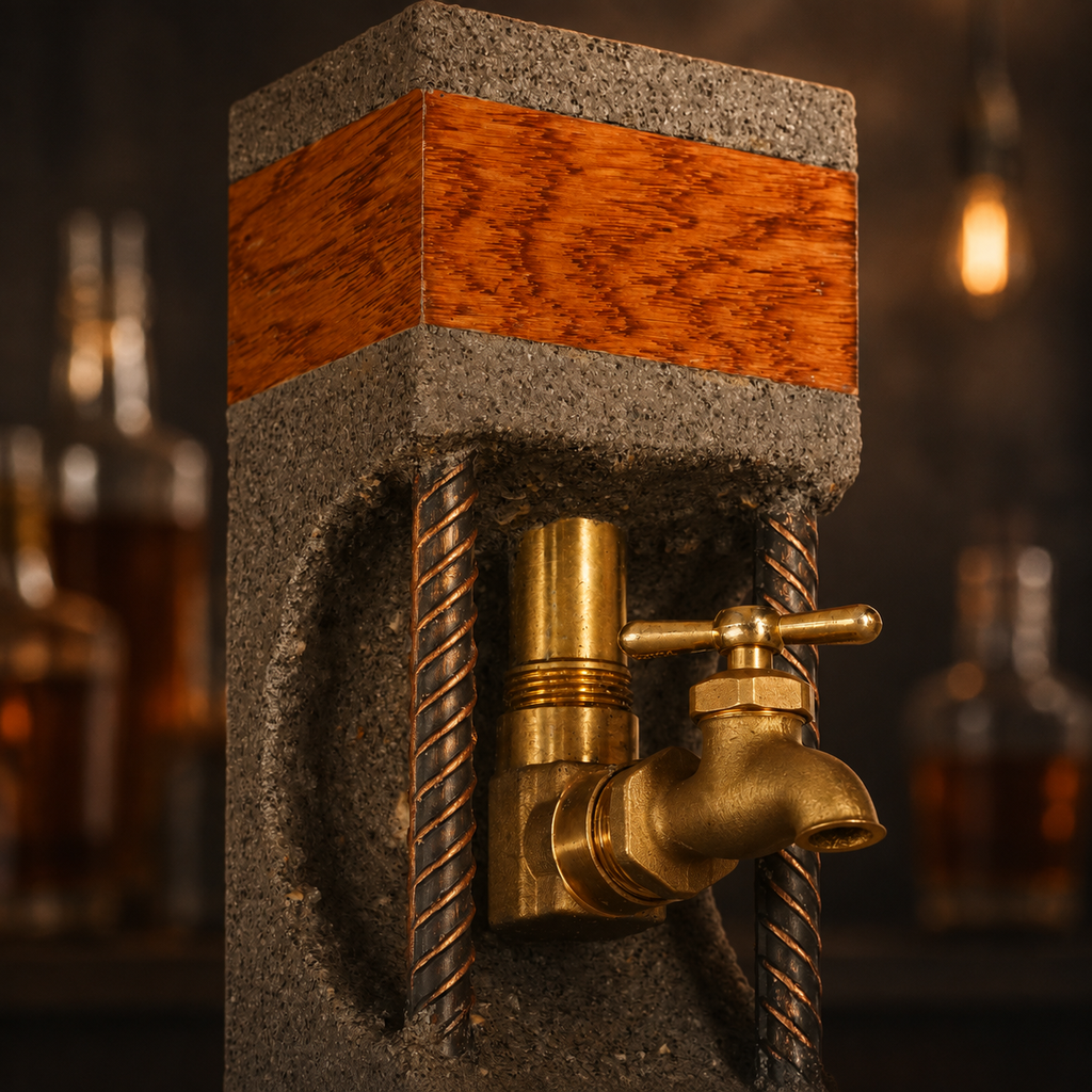 Close-up of brass faucet, textured concrete and oak accents on whiskey dispenser