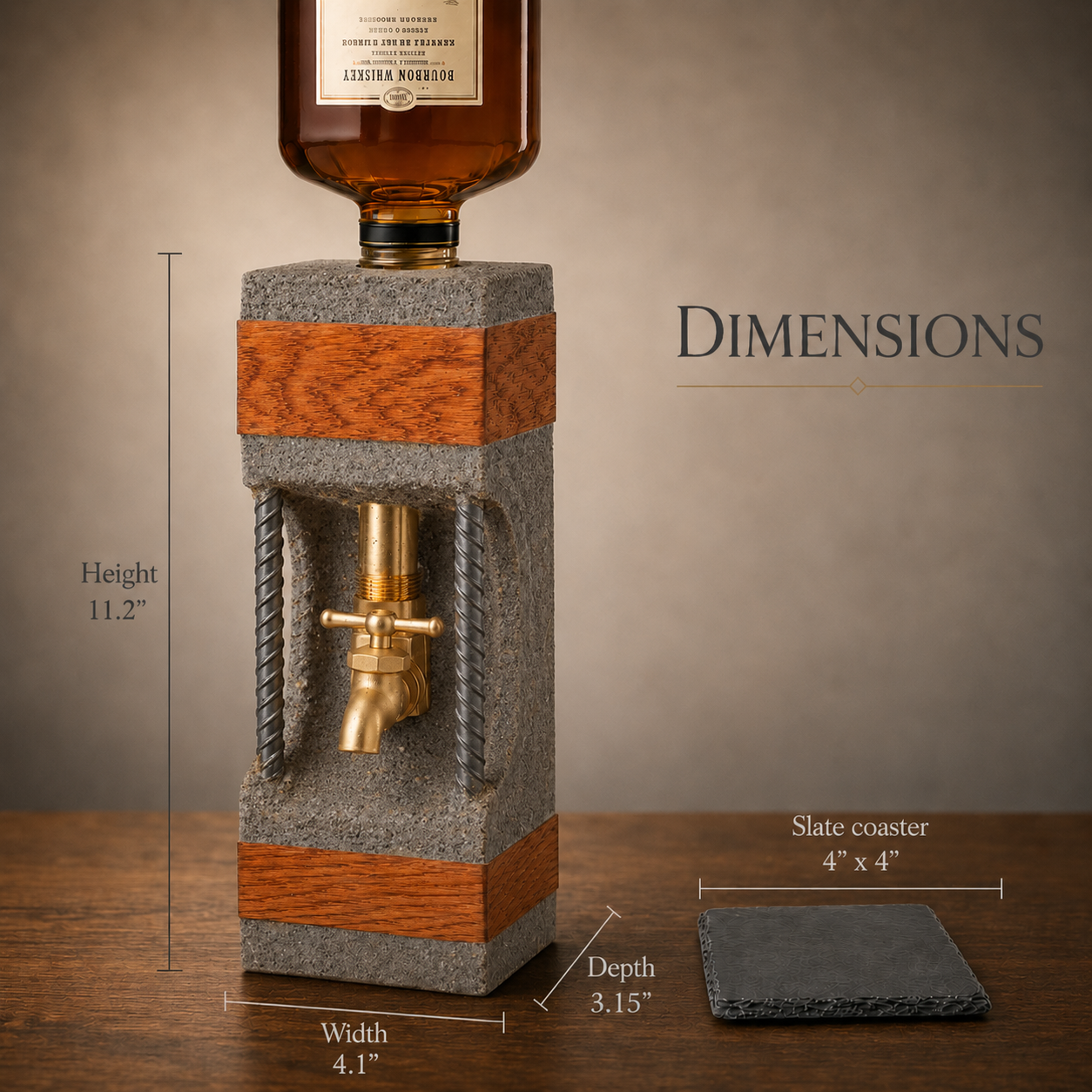 Concrete and oak whiskey dispenser dimensions with matching slate coaster