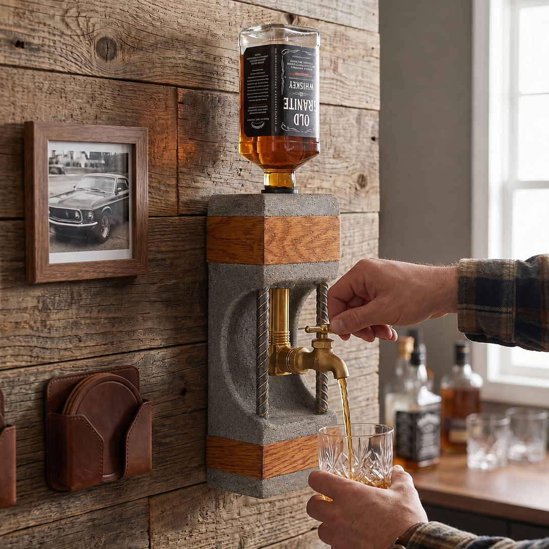 Concrete and oak whiskey dispenser in a modern home bar with glass being filled
