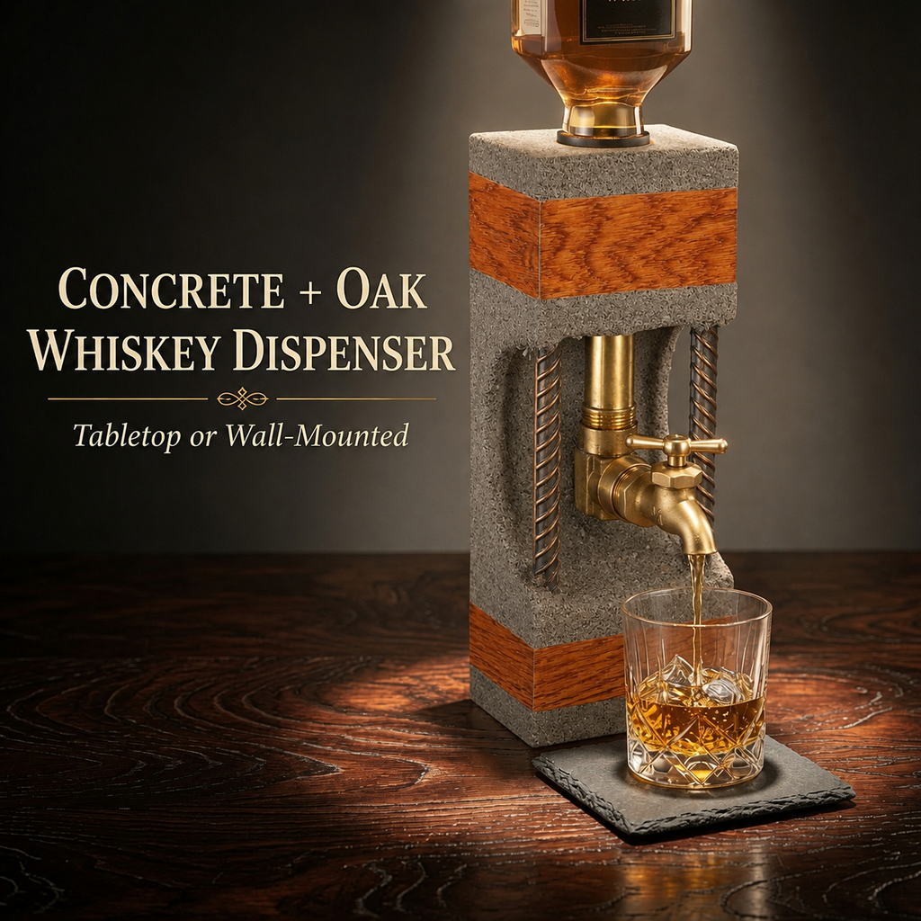 Concrete and oak whiskey dispenser with brass tap and slate coaster