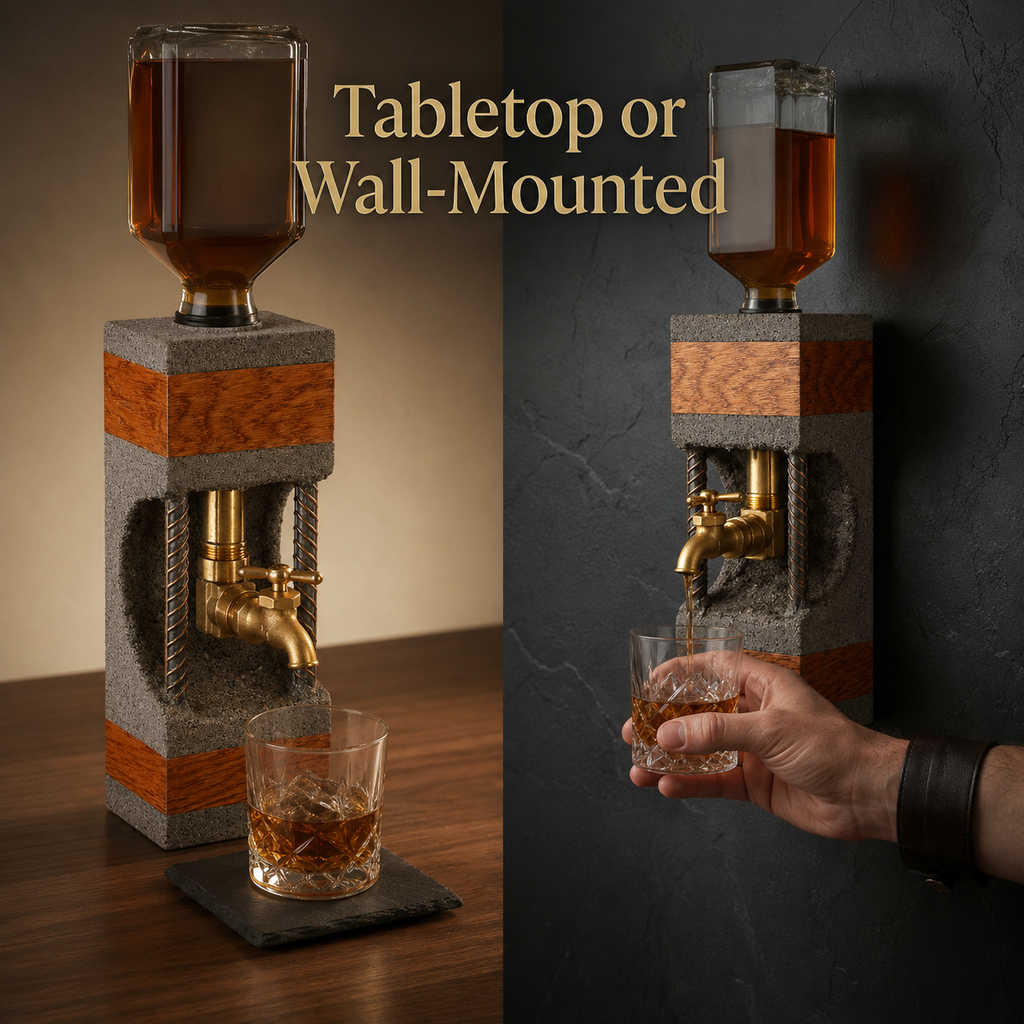 Concrete and oak whiskey dispenser shown as tabletop or wall-mounted bar dispenser