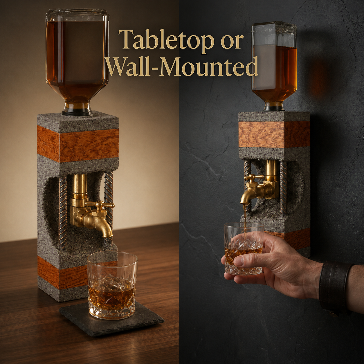Concrete and oak whiskey dispenser shown as tabletop or wall-mounted bar dispenser